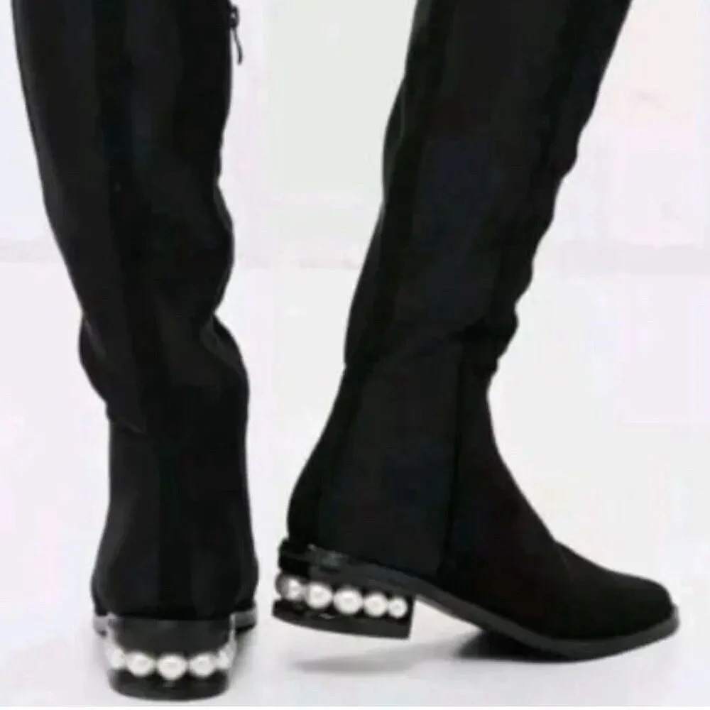 CATHERINE MALANDRINO Black Vegan Suede Over the Knee Pearl Heel Boot 7.5